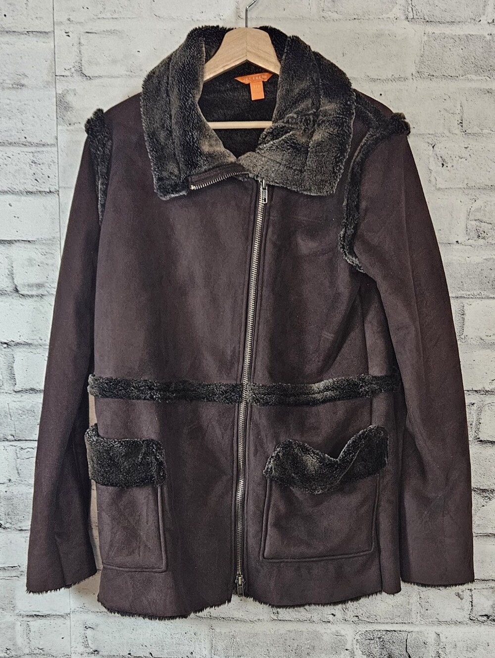 Joe Fresh Womens Faux Shearling Aviator Jacket Brown Moto Coat Size S